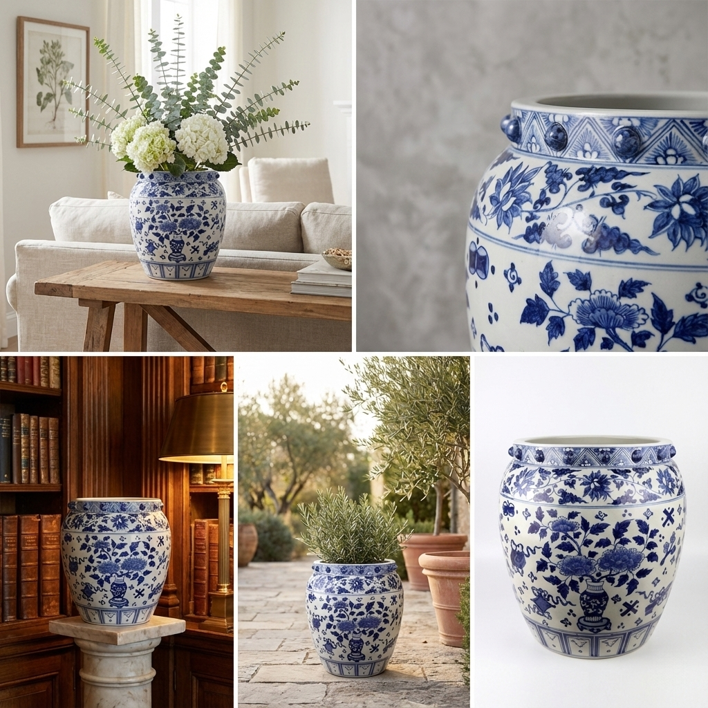 Handmade Blue & White Ceramic Vase – Traditional Peony & Auspicious Symbol Motif