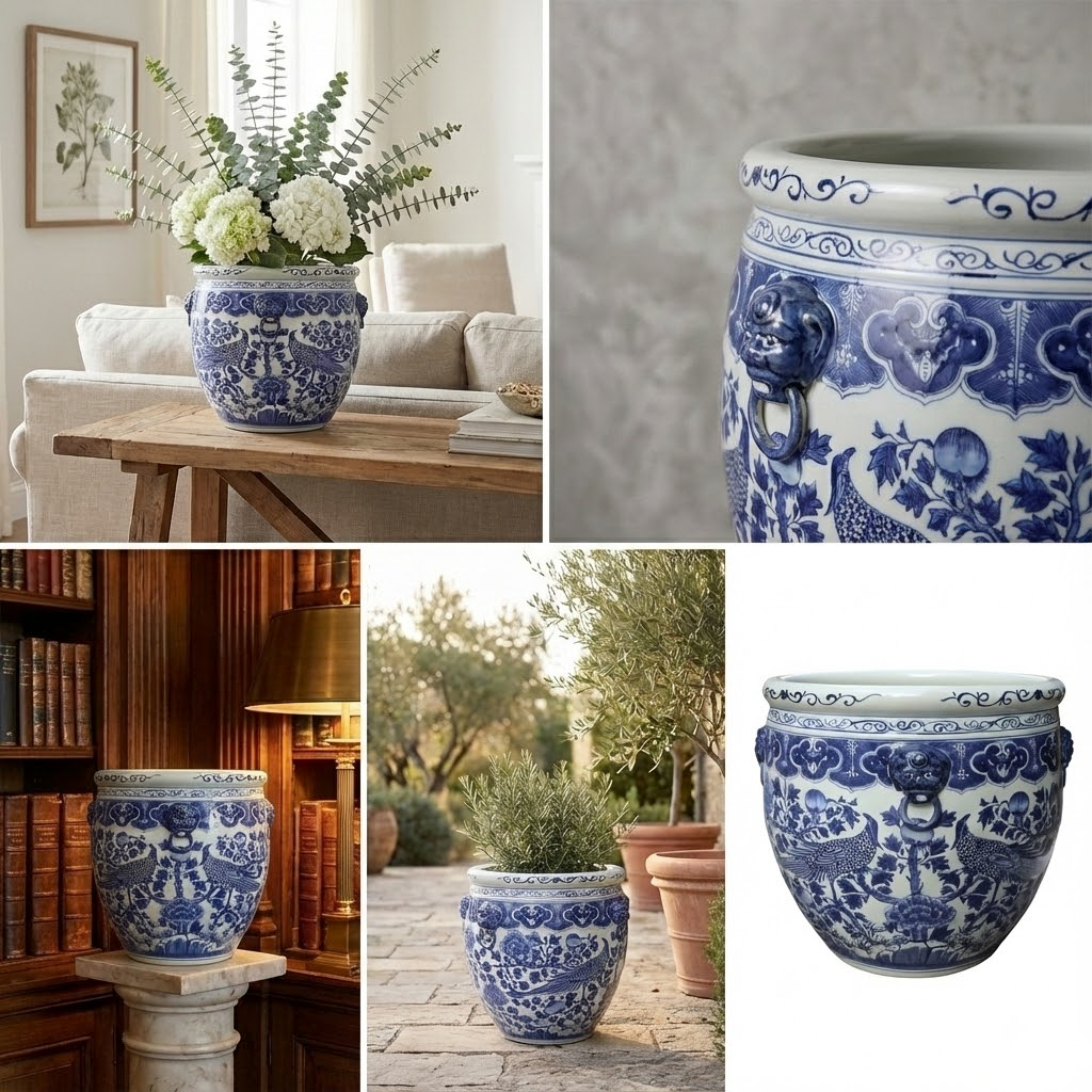 Handcrafted Blue and White Porcelain Vase with Guardian Lions