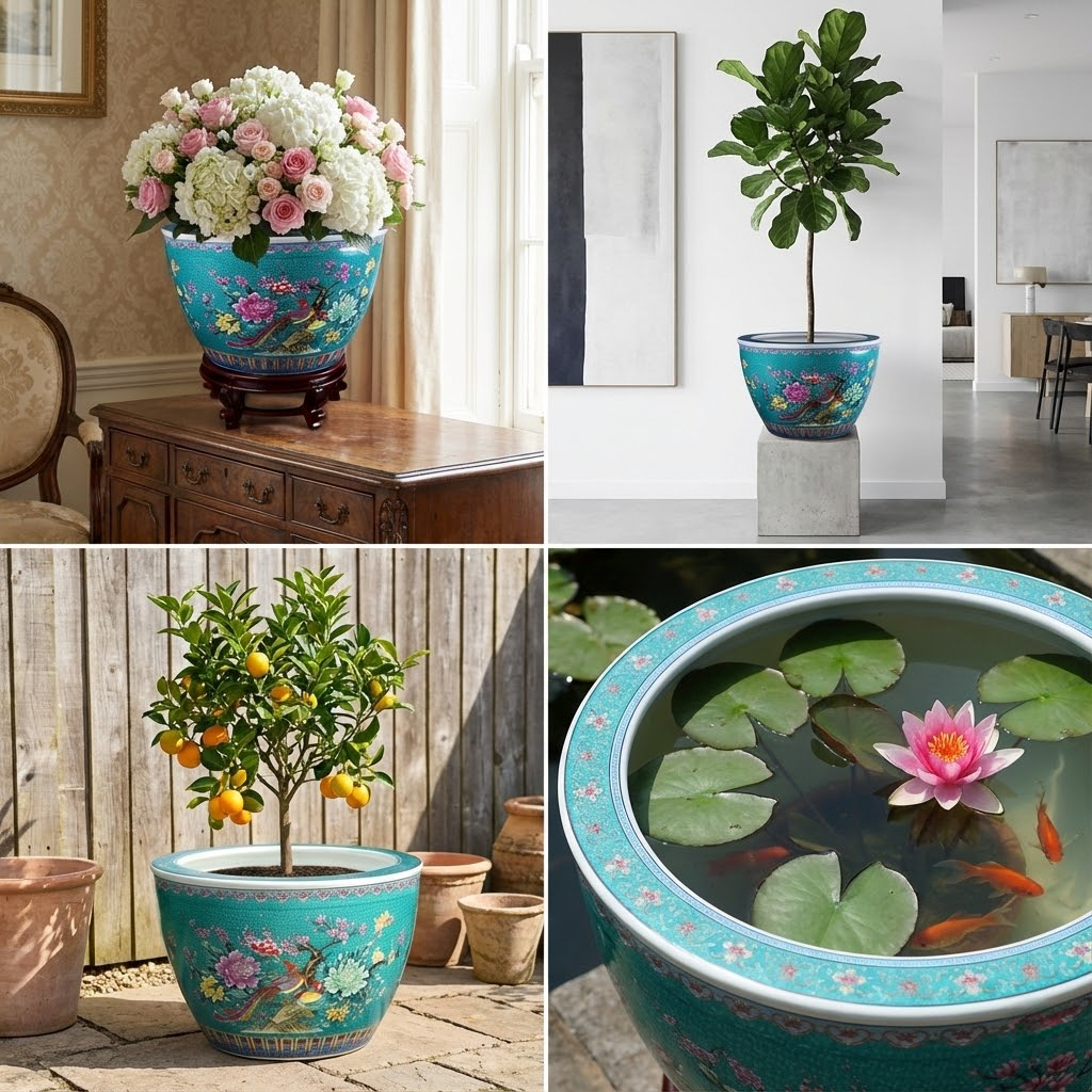 Handmade Turquoise Ceramic Vase with Traditional Pheasant & Peony - Celestial Garden