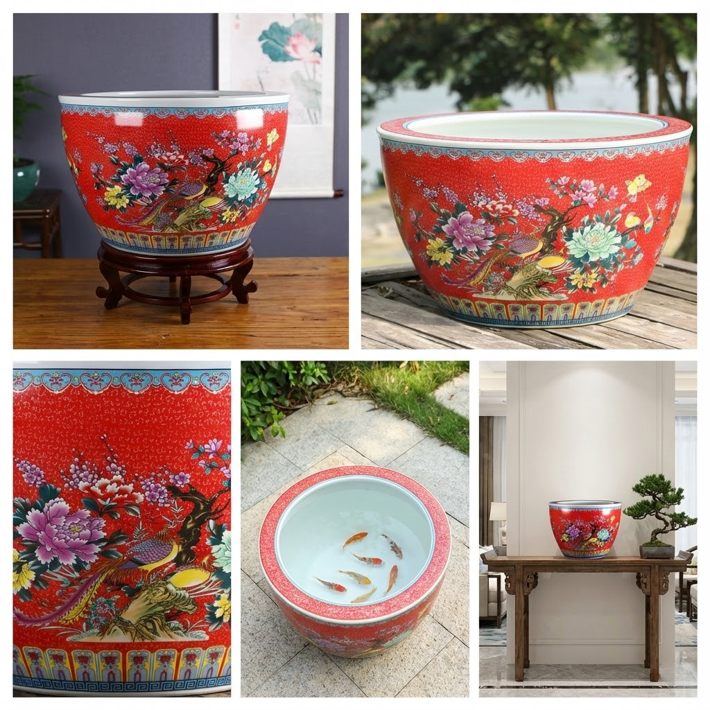 Handcrafted Imperial Red Ceramic Vase with Phoenix and Peony - Harmony in Bloom