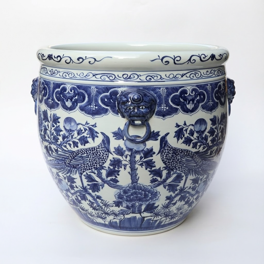 Handcrafted Blue and White Porcelain Vase with Guardian Lions