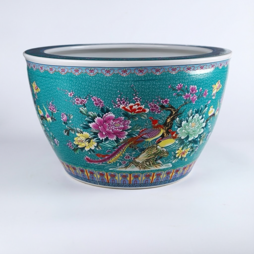 Handmade Turquoise Ceramic Vase with Traditional Pheasant & Peony - Celestial Garden
