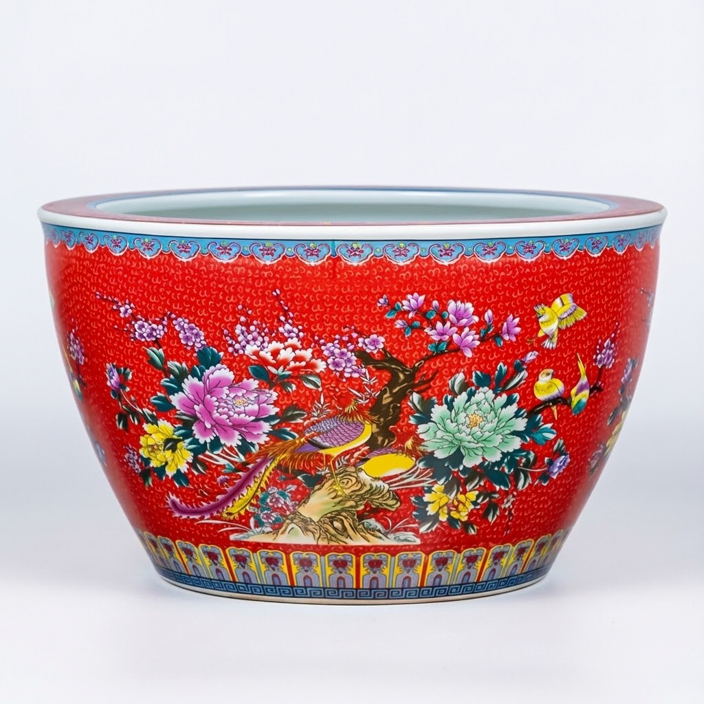 Handcrafted Imperial Red Ceramic Vase with Phoenix and Peony - Harmony in Bloom