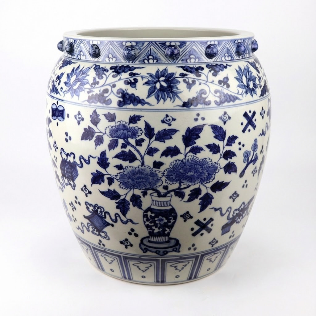 Handmade Blue & White Ceramic Vase – Traditional Peony & Auspicious Symbol Motif