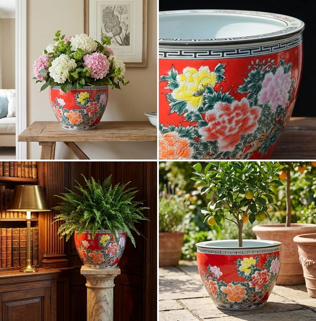 Handmade Traditional Red Ceramic Vase with Peony Motifs – Prosperity in Bloom