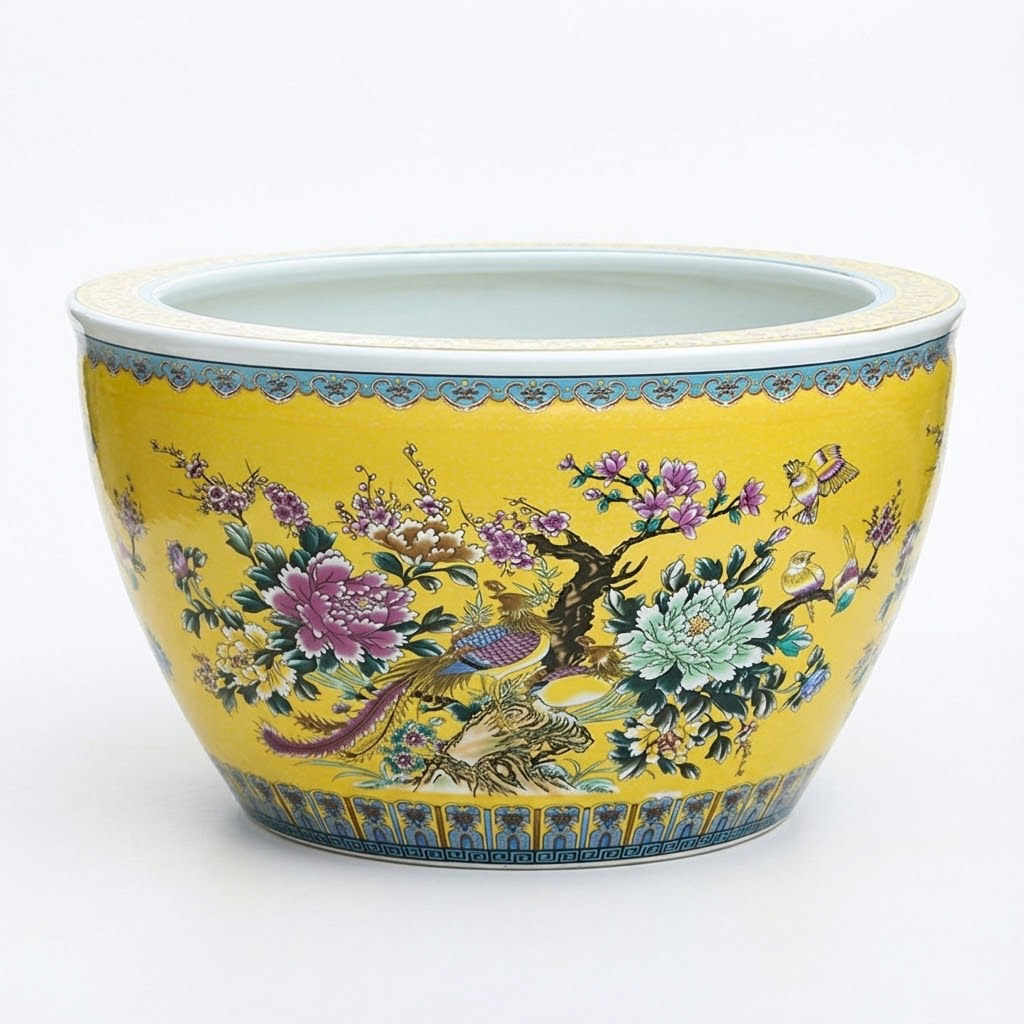 Handmade Imperial Yellow Ceramic Vase - Bird & Peony Spiritual Harmony